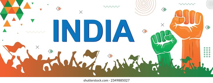 India republic day, nation independence celebration, flag color combination patriot banner, raised fist, human hand, cheering people, geometric abstract design, strike, parade, riot, protest or rally