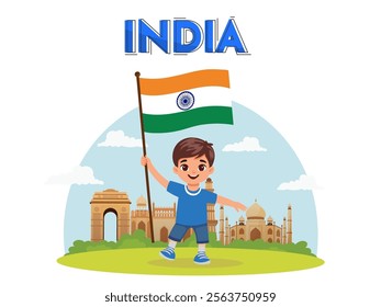 India Republic Day Poster Design with Indian Boy Character Holding National Flag in Front of Famous Monuments Background.