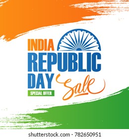 India Republic Day Sale banner. Special offer background with brush strokes in Indian national flag colors and hand drawn lettering for business, commerce and advertising. Vector illustration.