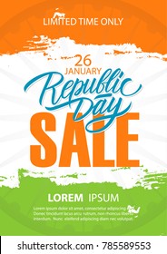 India Republic Day Sale poster. Special offer background with brush strokes in Indian national flag colors and hand drawn lettering text for business, commerce and advertising. Vector illustration.