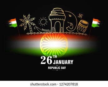 India Republic Day Tri Color Doodle Black Background. 26th January.