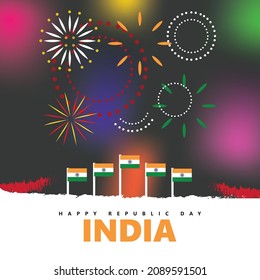 India Republic Day Vector Illustration With Its National Flags And Colorful Fireworks Party. South Asian Country Public Holiday.