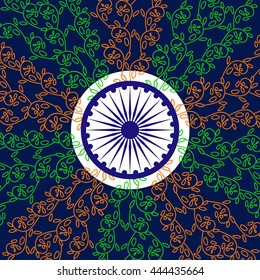 India republic independence. Independence day celebration concept. Creative henna floral design in Colors of Indian tricolor flag with Ashoka Chakra. Patriotic event background. Vector illustration