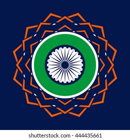 India republic independence. National holiday celebration concept. Decorative ornament in  Colors of Indian tricolor flag with Ashoka Chakra. Unique symbols. Creative background. Vector illustration
