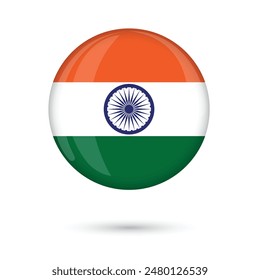 india round glossy flag in tri colors with a round logo in the centre, Ashoka Chakra. Indian national flag for Independence Day celebration, poster, flyers, web and print media