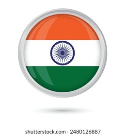 india round glossy flag in tri colors with a round logo in the centre, Ashoka Chakra. Indian round framed national flag for Independence Day celebration, poster, flyers, web and print media