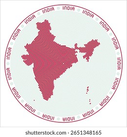 India round logo design. Country shape build of rings. India text around the country. Vector Illustration.