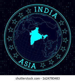 India round sign. Futuristic satelite view of the world centered to India. Country badge with map, round text and binary background. Awesome vector illustration.