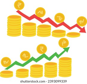 india rupee Exchange Rate Weakening And Strengthening With Red Green Graphic Arrows Vector