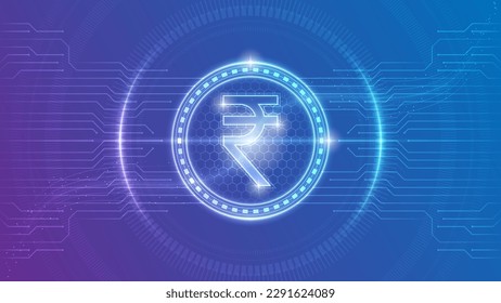 Símbolo de moneda de rupia india (INR) Futurista Neon Glow Cybernetic Digital Circuit Cryptocurrency Backdrop Ilustración de diseño de fondo