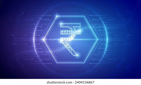 India Rupee (INR), Futuristic Currency Finance Symbol, Hologram Cybernetic Neon Glow Translucent Circuit Board Digital Technology Hexagon Block Backdrop Background