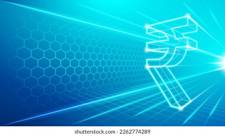 India Rupee (INR) Futuristic Hologram Neon Glow Perspective View National Currency Sign Symbol Fast Transaction Exchange Speed Hologram Design Backdrop Background Illustration