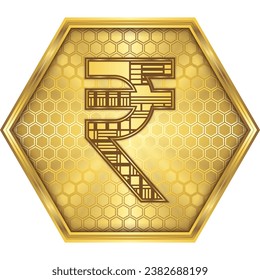 India Rupee (INR) National Currency Sign-Symbol Engineering Cybernetic Robotic Circuit Board Finance Icon Logo Button Design Golden Hexagon, White Background