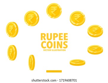 India Rupee sign gold coin isolated on white background, set of flat icon of coin with symbol at different angles.