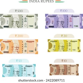 India Rupees,10,20,100,200,500, India Currency Notes