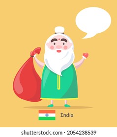 Representación de la India Santa Claus, anciano vestido con ropa india y portando una bolsa roja en la mano en mitones, bandera e ilustración del vector de saludo
