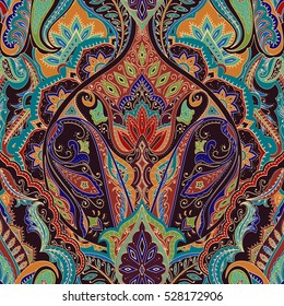 India seamless paisley pattern, decorative border for textile, wrapping, decor. Bohemian design