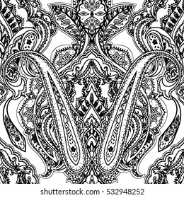 India seamless paisley pattern, decorative border for textile, wrapping, decor. Vector illustration for coloring book, page.