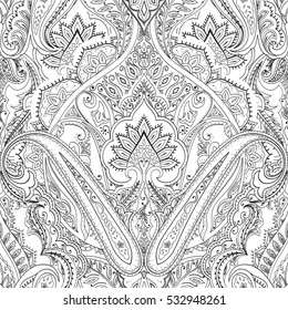 Diseño paisajístico indio, borde decorativo para textiles, envoltura, decoración. Ilustración vectorial para el libro de colorear, página.