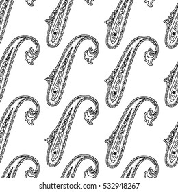 India seamless paisley pattern, decorative border for textile, wrapping, decor. Vector illustration for coloring book, page.
