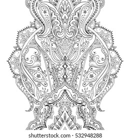 India seamless paisley pattern, decorative border for textile, wrapping, decor. Vector illustration for coloring book, page.