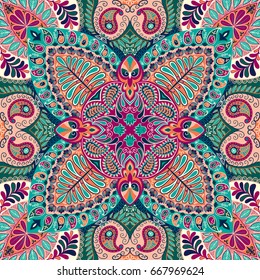 India seamless paisley pattern, decorative textile, wrapping pillow or kerchief decor. Boho style design