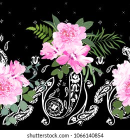 India seamless paisley pattern with flower, decorative border for textile, wrapping, decor. Bohemian design. Vector watercolour illustration. Watercolor style