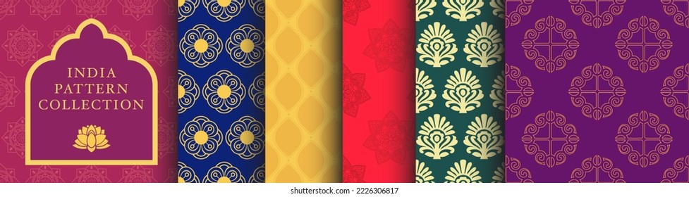 India Seamless Pattern Collection. Vector Graphics In Hindi Style. South Asia Mandala Yoga Aesthetic Set. 