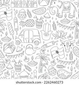 India seamless pattern and doodles  Holi  diwali  independence day theme  Wrapping paper  scrapbooking  wallpaper  kids coloring pages  textile prints  etc  EPS 10