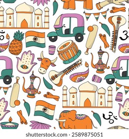 India seamless pattern with hand drawn cartoon elements, doodles for wallpaper, textile prints, scrapbooking, stationery, backgrounds, digital paper, etc. EPS 10