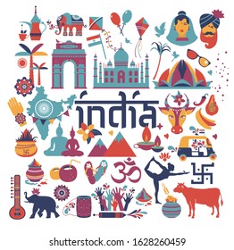 India set Asia country vector Indian architecture Asian traditions buddhism travel isolated icons and symbols.