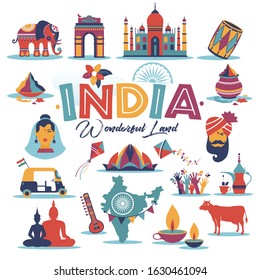 India set Asia country vector Indian architecture Asian traditions buddhism travel isolated icons and symbols.