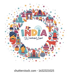 India set Asia country vector Indian architecture Asian traditions buddhism travel isolated icons and symbols in wreath.