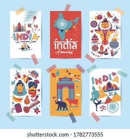 India set Asia country vector Indian architecture Asian traditions buddhism travel isolated icons and symbols in 6 cards.
