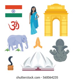 India set Asia country vector Indian architecture Asian traditions buddhism religion travel isolated icons.