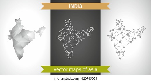 India set of grey and silver mosaic 3d polygonal maps. Graphic vector triangle geometry outline shadow perspective maps