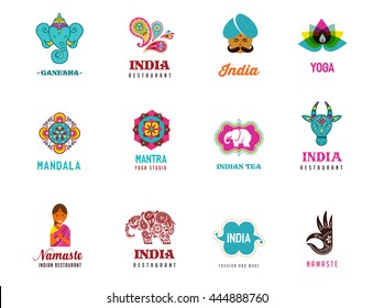 India - set of Indian icons. Ganesh, lotus, elephant mandala and cow