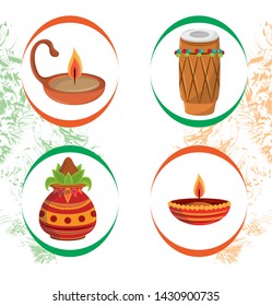 India set of patriotic icons collection on grunge background, candle lotus flower and drum vector illustration graphic