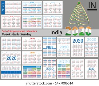 India set of pocket calendars for 2020 (Two thousand nineteen). Week starts sunday. New year. Color simple design. Vector