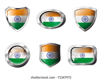 India set shiny buttons and shields of flag with metal frame - vector illustration. Isolated abstract object against white background.
