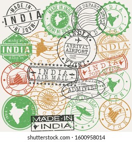 India Set of Stamps. Travel Passport Stamp. Made In Product. Design Seals Old Style Insignia. Icon Clip Art Vector.