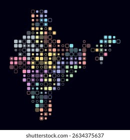 India, shape of the country build of colored cells. Digital style map of the India on dark background. Large size rounded square blocks. Amazing vector illustration.