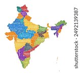 India shape. Country word cloud with state division. India colored illustration. State names cloud. Vector illustration.