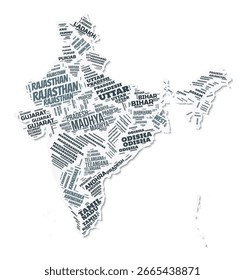 India shape text cloud. Country border with shadow on white background. India with states division in vintage gazette style. Trending vector illustration.