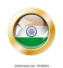 India shiny button flag with golden ring vector illustration. Isolated abstract object against white background.