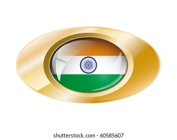 India shiny button flag with golden ring vector illustration. Isolated abstract object against white background.