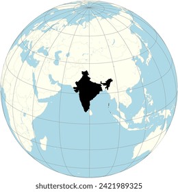 India showcased at the heart of the orthographic world projection, has rich diverse culture, located in South Asia.