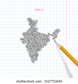 India sketch scribble map drawn on checkered school notebook paper background. Hand drawn vector map of India. Realistic 3D pencil.