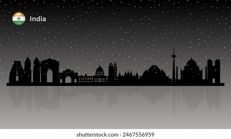 India skyline, India cityscape, India skyscraper buildings vector silhouette on beautiful snow falling night view background . vector illustrator