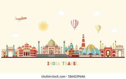 India skyline. India famous landmarks. Travel and tourism background. Vector illustration